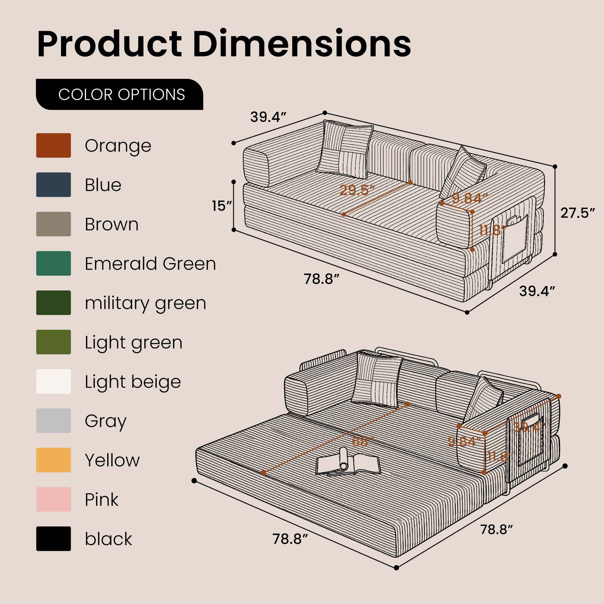 Belhome 78.8" Convertible Sofa Bed, Orange Corduroy photo 2