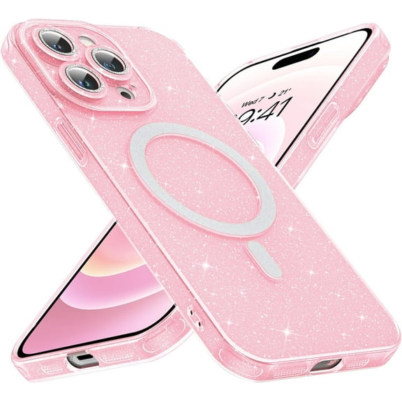 iPhone 14 Pro Max Case, iPhone 14 Pro Max Glitter Bling Case Compatible with Magsafe & 2 x Diamond Camera Lens Protectors,Soft TPU Magnetic iPhone 14 Pro Max Phone Case for Women Girls, Pink