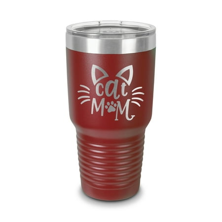 

Cat Mom Tumbler 30 oz - Laser Engraved w/ Clear Lid - Stainless Steel - Vacuum Insulated - Double Walled - Travel Mug - cats lover pet - Maroon