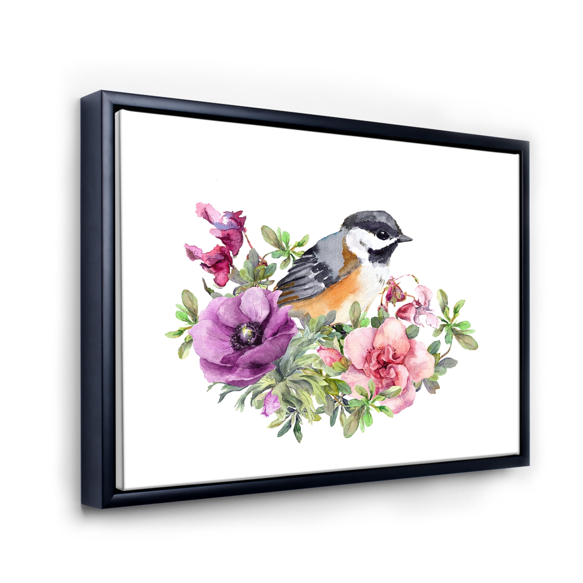 Designart 'Cute Bird In Purple and Pink Flowers' Traditional Framed Canvas Wall Art Print