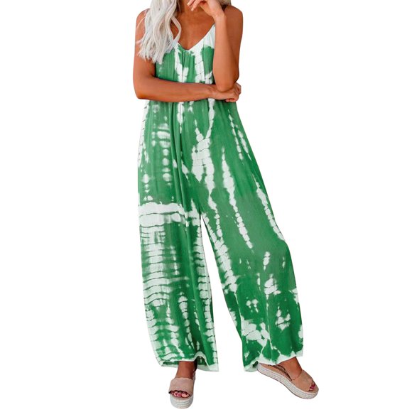 Outfmvch Jumpsuits for Women Wide Leg Pants for Women Tie Dye Jumpsuit Sleeveless Casual Summer Spaghetti Flowy Wide Leg Rompers Womens Pants Green L