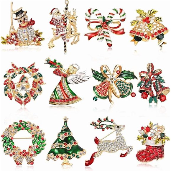 Juego de 12 broches de Navidad para mujer, con diamantes de imitación, corona de árbol de Navidad, muñeco de nieve, reno, adorno de Navidad, regalo