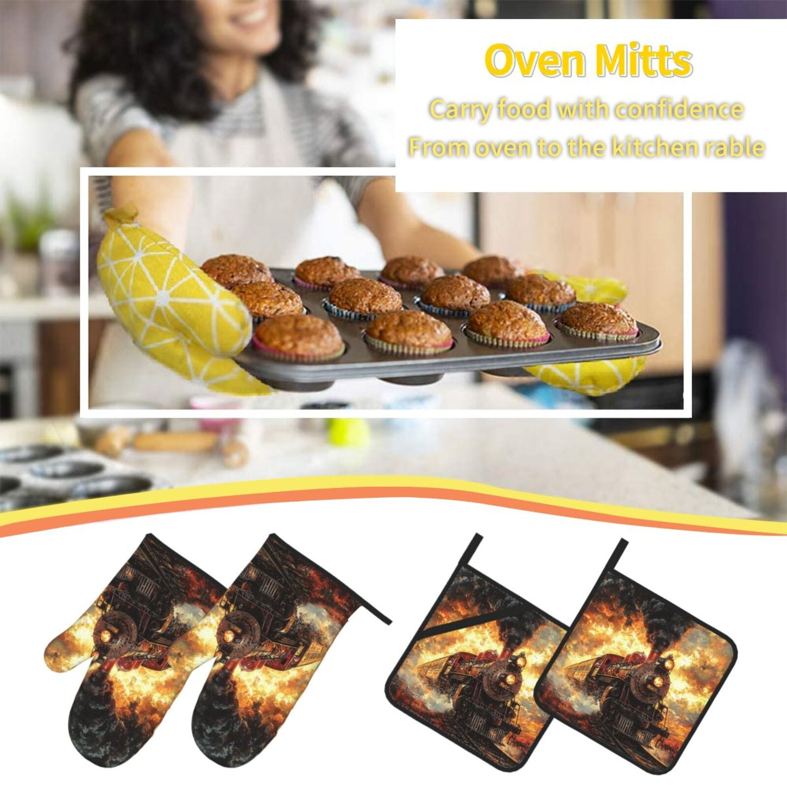 Retro Steam Train Vintage 4Pcs Oven Mitts and Pot Holders Sets Oven Kitchen Gloves Hot Pads for Cooking BBQ Baking Grilling