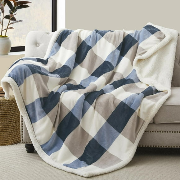 Gracelife Sherpa Throw Blanket, 50"*60", Plaid Warm Cozy Throw Blankets for Sofa, Couch, Bed, Reversible Throws Fluffy Plush Flannel Fleece Blankets and Throws for Adults Women Men, Gray-Soft Blue