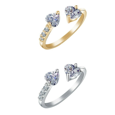 Style Ring - Holiday Time Dual Heart Zircon Decor Women Girl Ring Opening Style Hand Decoration Metal Jewelry Free Size