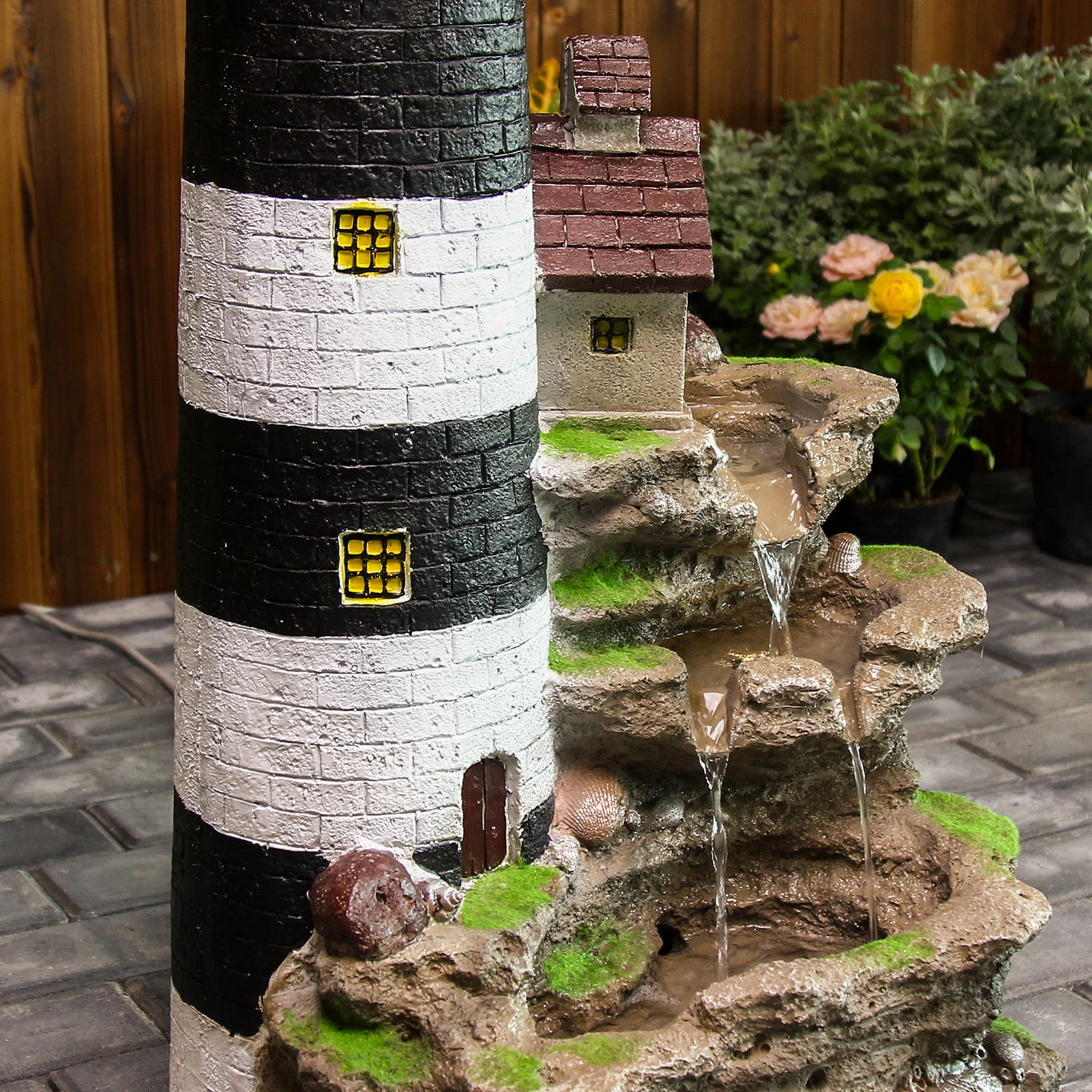 Lighthouse Floor Water Fountain Outdoor 3-Tiered Rock Indoor Waterfall Garden Fountain 38.58''H Decorative Water Feature for Yard Home Patio Office with LED Lights
