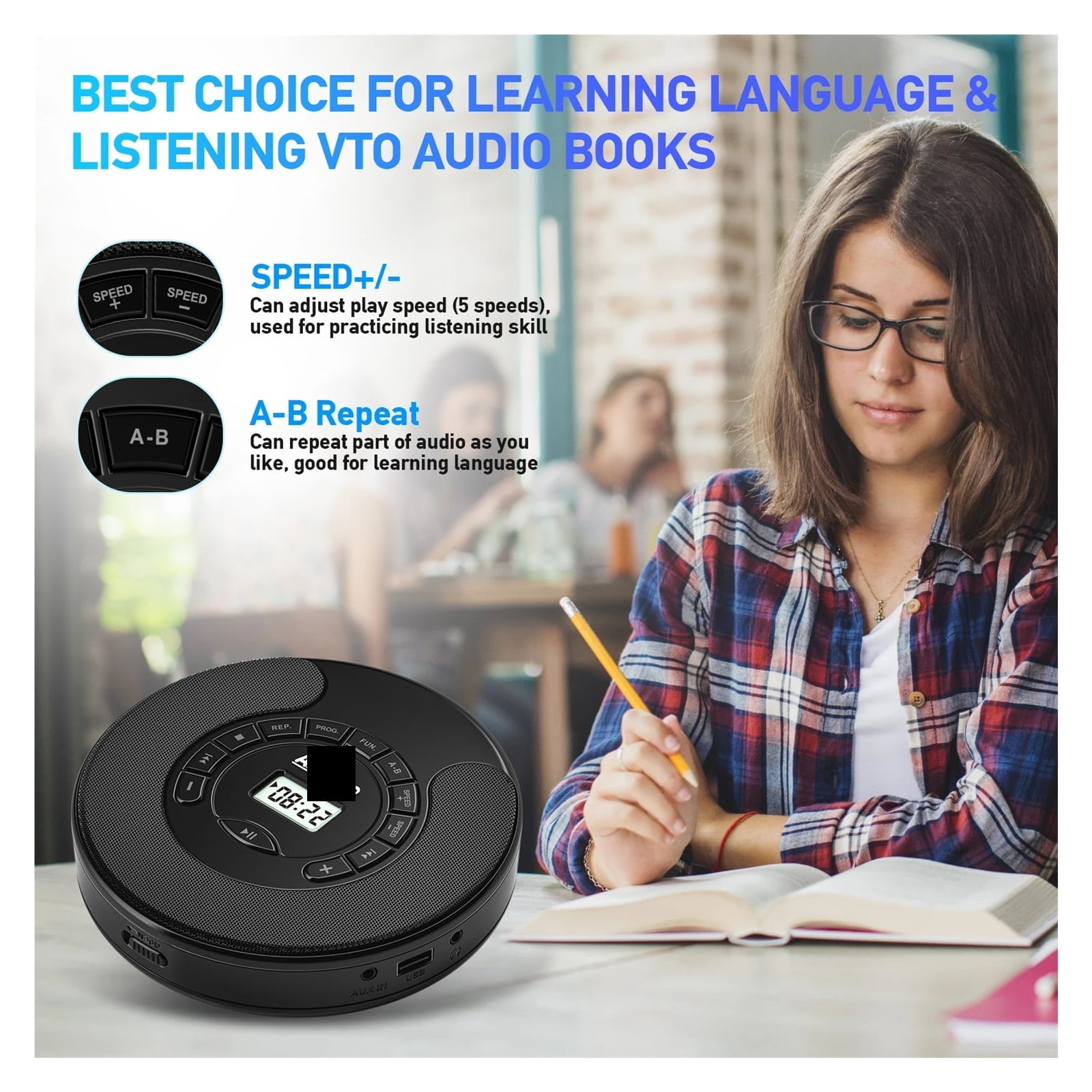 CD Player Portable Rechargeable Player Supports CD/CD-R/CD-RW/MP3 and USB with Headphone