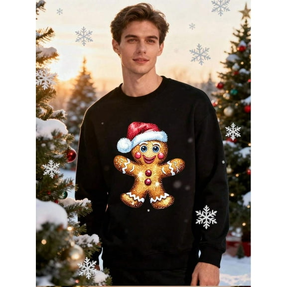 Christmas Gingerbread Man Print Fleece Lined Crew Neck Sweatshirt For Winter Holiday
