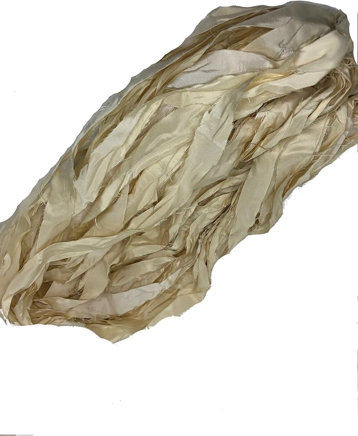 Knitsilk Recycled Sari Silk Ribbon Yarn|Best for Crochet, Knitting, and Embroidery |Sustainable and Unique|50 GMS-30Yards-Ivory|Pack of 3