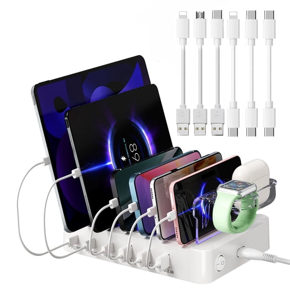 USB C charging station for multiple devices Fast PD 96W 6-port charger with 3X PD 20W Charger Station Dock with 6 Cables