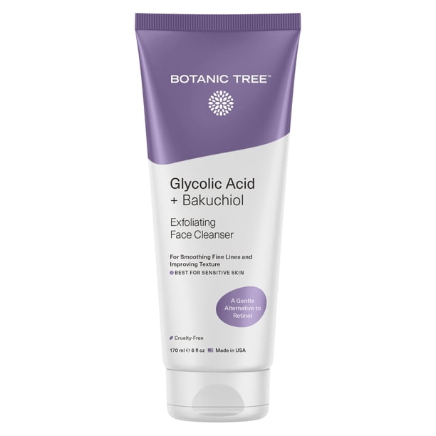 Botanic Tree Bakuchiol y ácido glicólico lavado facial exfoliante para pieles sensibles - Exfolia suavemente con bakuchiol natural similar al retinol y ácido glicólico para una piel fresca y brillante