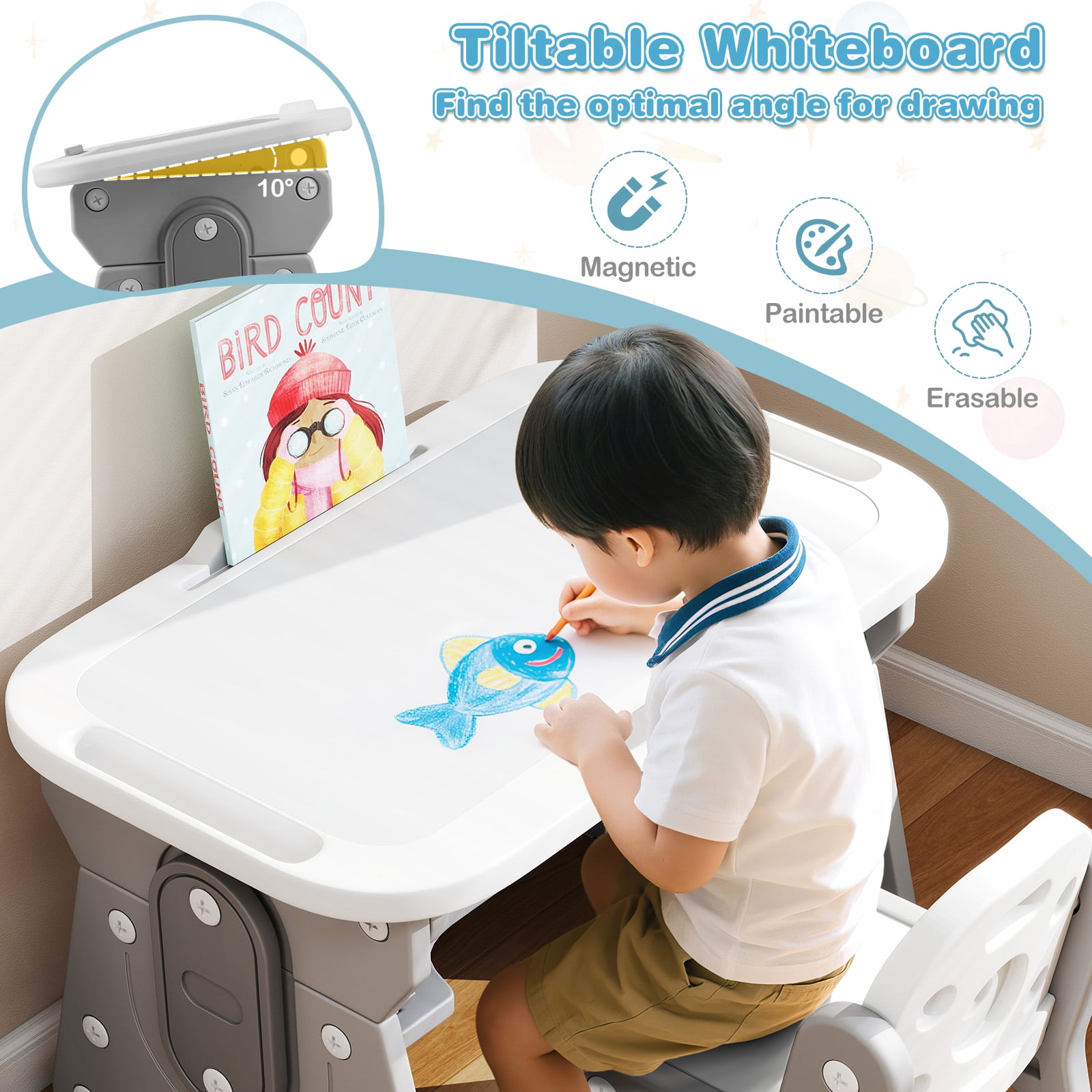 Gymax Kids Table & Chair Set Height Adjustable Toddler Drawing Table w/ Book Stand