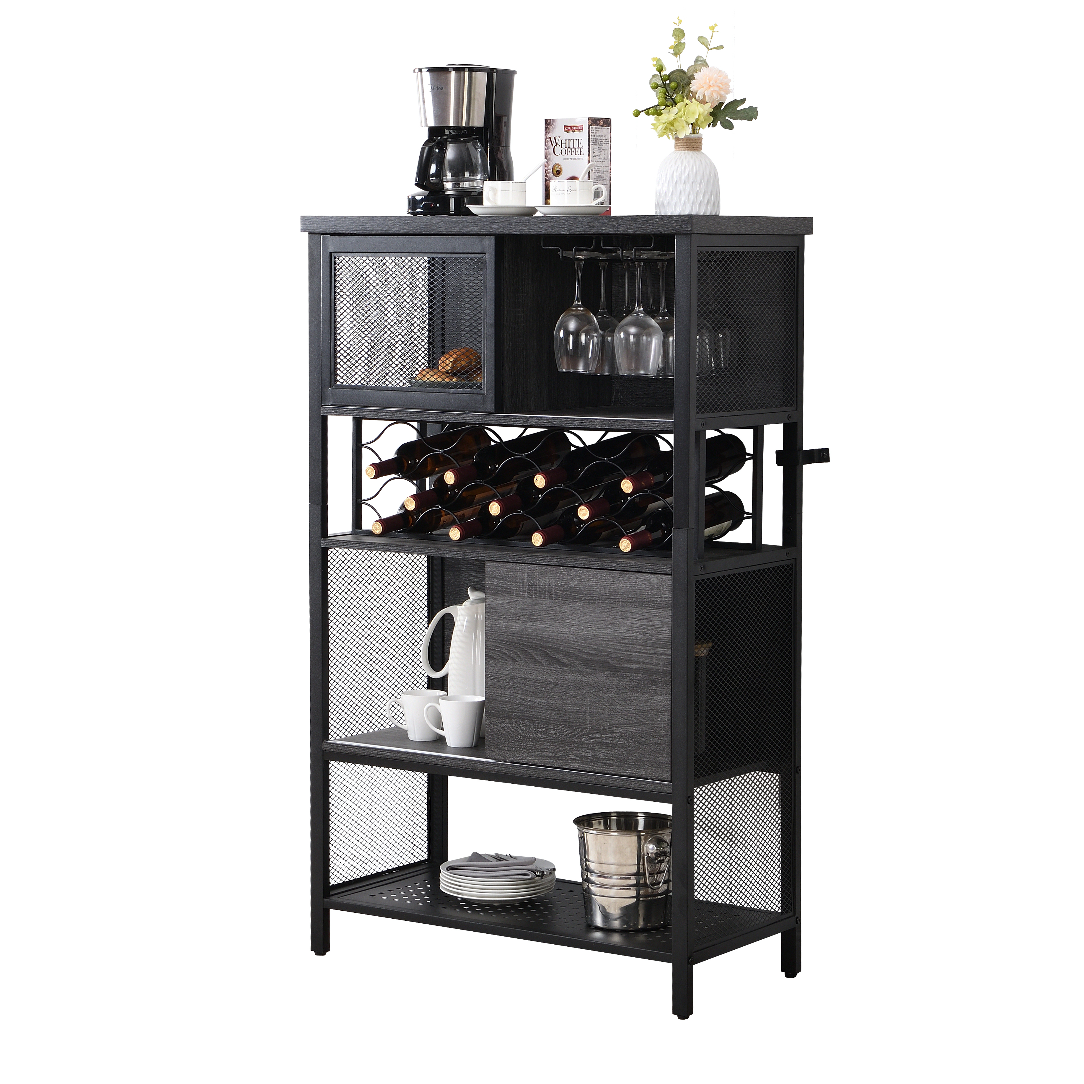 Uervoton Industrial Bar with Wine Rack for Liquor and Glasses, Wood and Metal