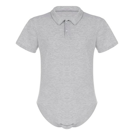 Alvivi Mens Cotton Short Sleeve Solid Color One-piece Thong Bodysuit Leotard Romper Grey L
