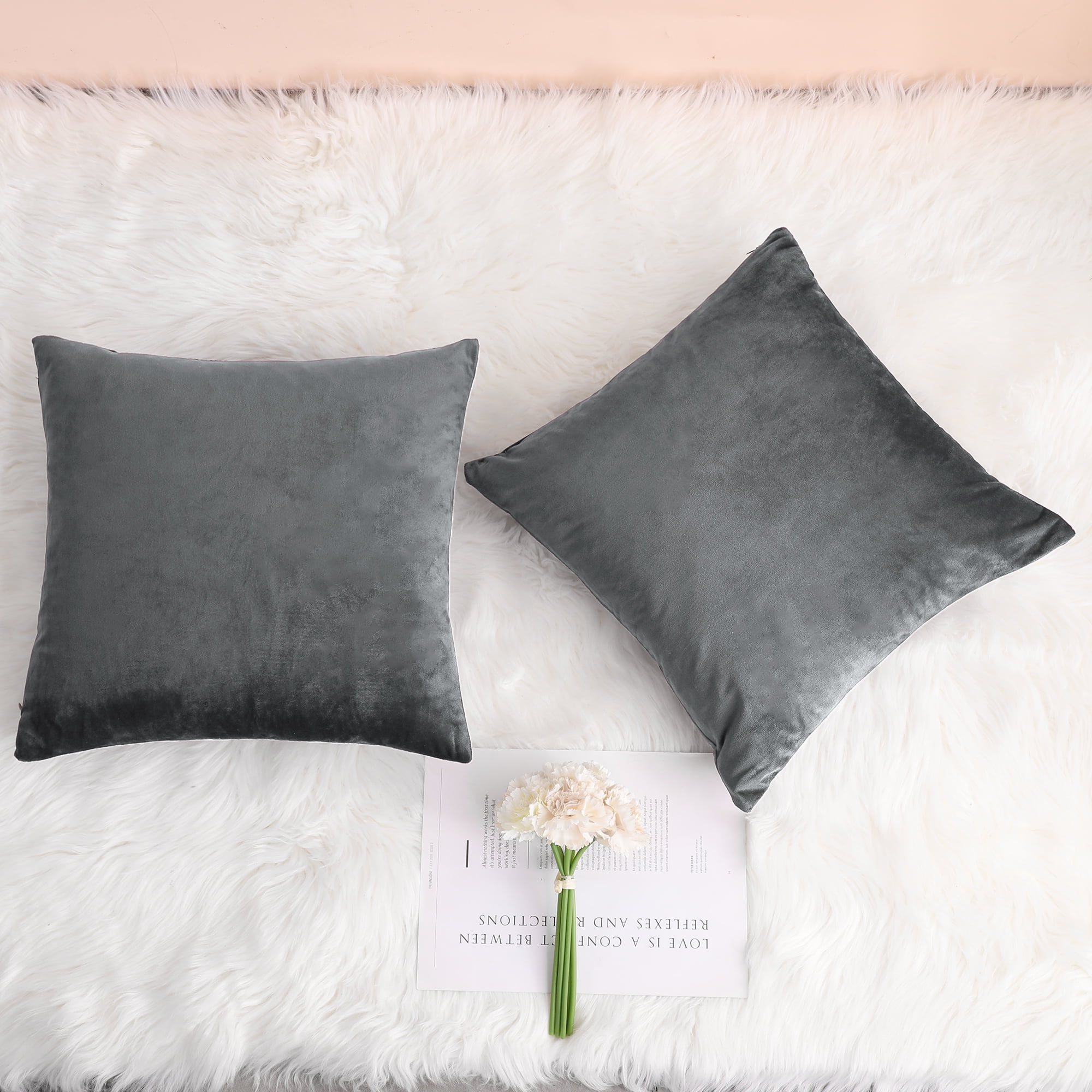 Unique Bargains 2-Pack Solid Velvet Decorative Throw Pillow Covers Gray 16"x16"