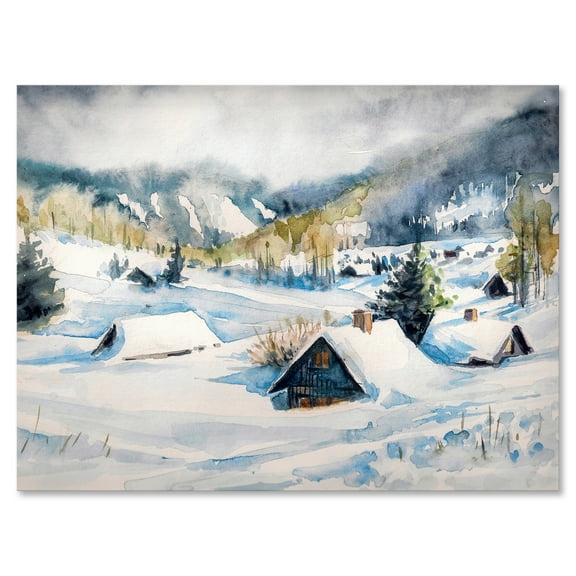 Winter In Mountain Village 12 in x 8 in Painting Canvas Art Print, by Designart