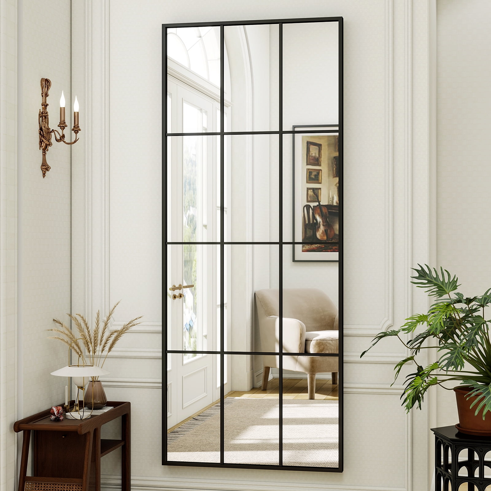 AUROMIR 69"x25" Rectangle Full Length Mirror Window Pane Wall Mirror With Metal Frame, Black