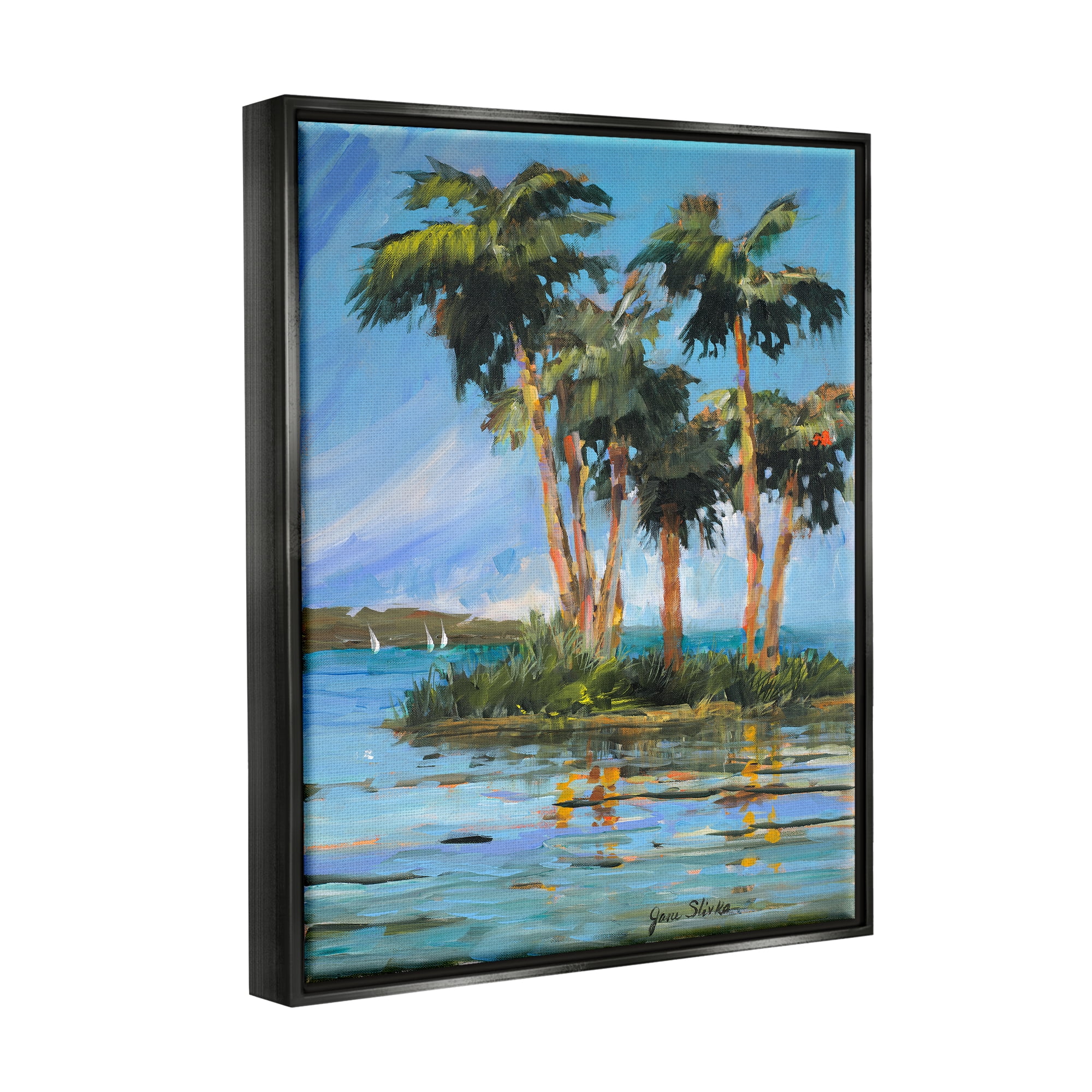 Stupell Industries Palm Island Painting Nature Painting Black Floater Framed Art Print Wall Art, 25 x 31