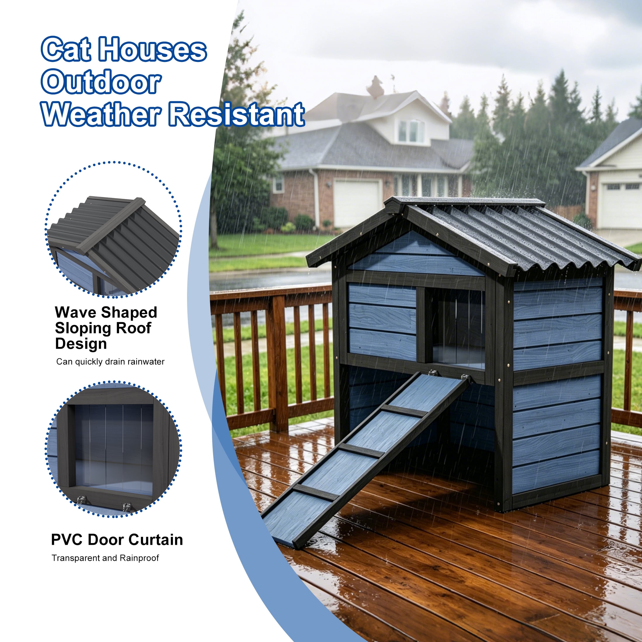 Cool Outdoor Cat House for Summer, Double-Layer Insulated Cat Shelter with Escape Window & Extended Ramp, Blue