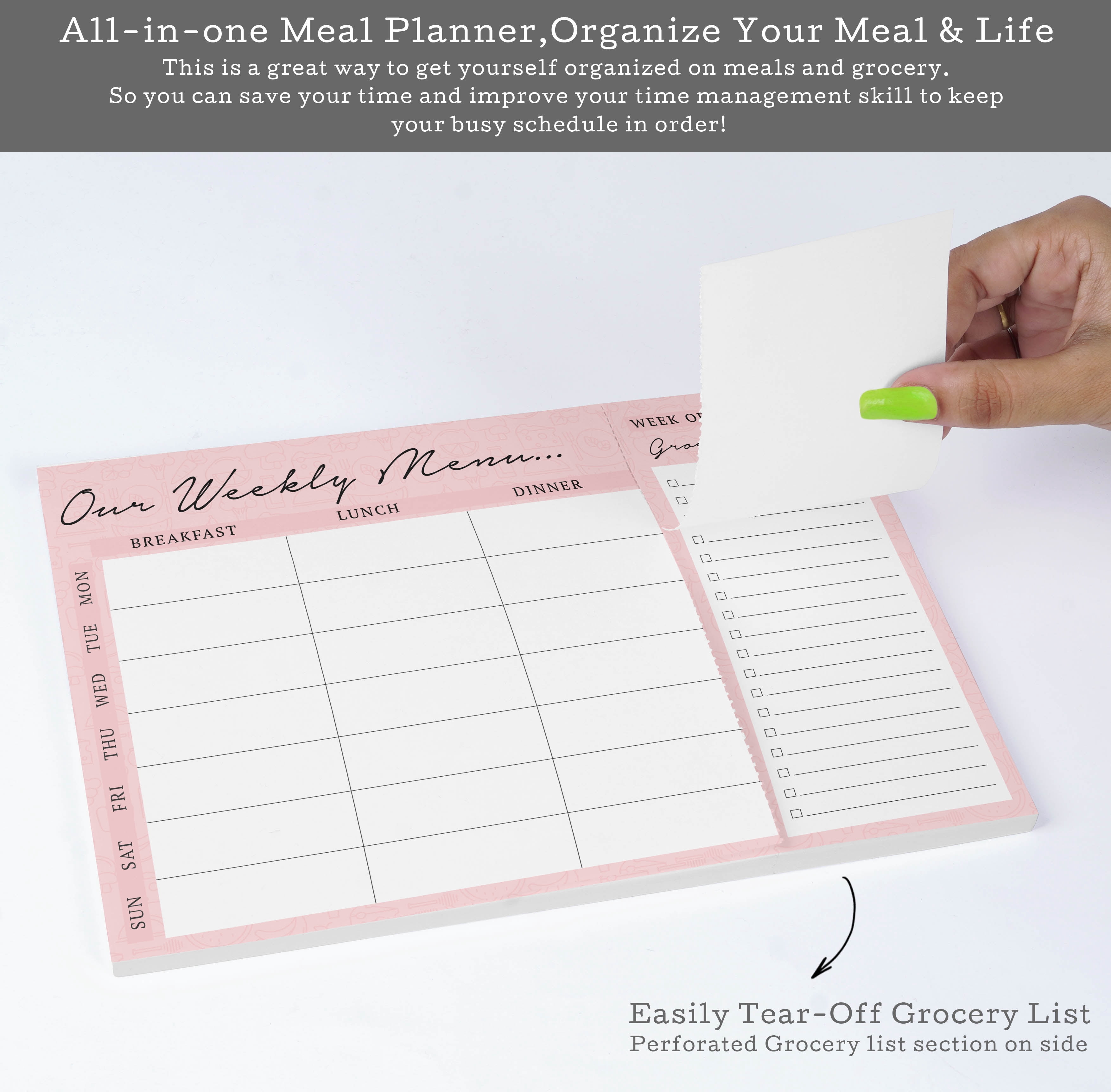 Inkdotpot Weekly Meal Planner Notepad 7"x10 , "Our Weekly Menu" Magnetic Meal Planning Pad with Tear Off Grocery Shopping List for Fridge- Kitchen & Home - 54 Sheets -Z9