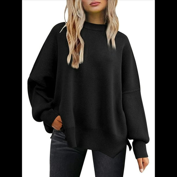 Suéteres de Murciélago Extragrandes para Mujer, Conjuntos de Otoño 2025, Suéteres de Cuello Redondo de Punto con Abertura Lateral, Tops de Moda. Negro S