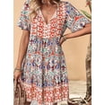 thumbnail image 5 of Women'S V Neck Patchwork Dress Bohemian Print Mini Skirt Summer Casual Beach Chic Orange M, 5 of 7