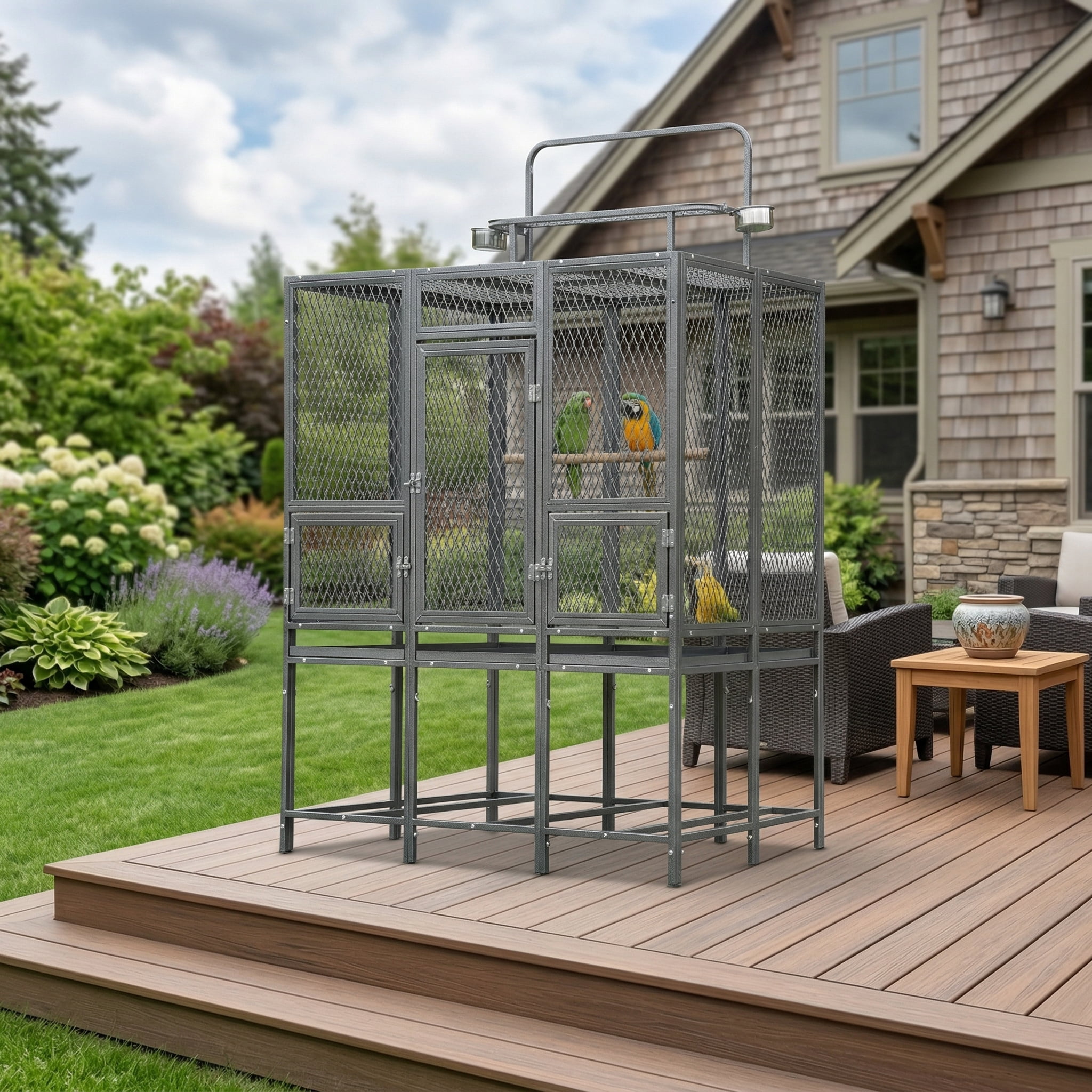 Walnest Heavy Duty Large Bird Aviary Cage 44x28.74x44.5-65 Inch, Rustproof Outdoor Bird Cage with 2 Feeding Bowls & Feedable Doors for Parrot, Eagle, Pigeon, Hornbill & Large Birds