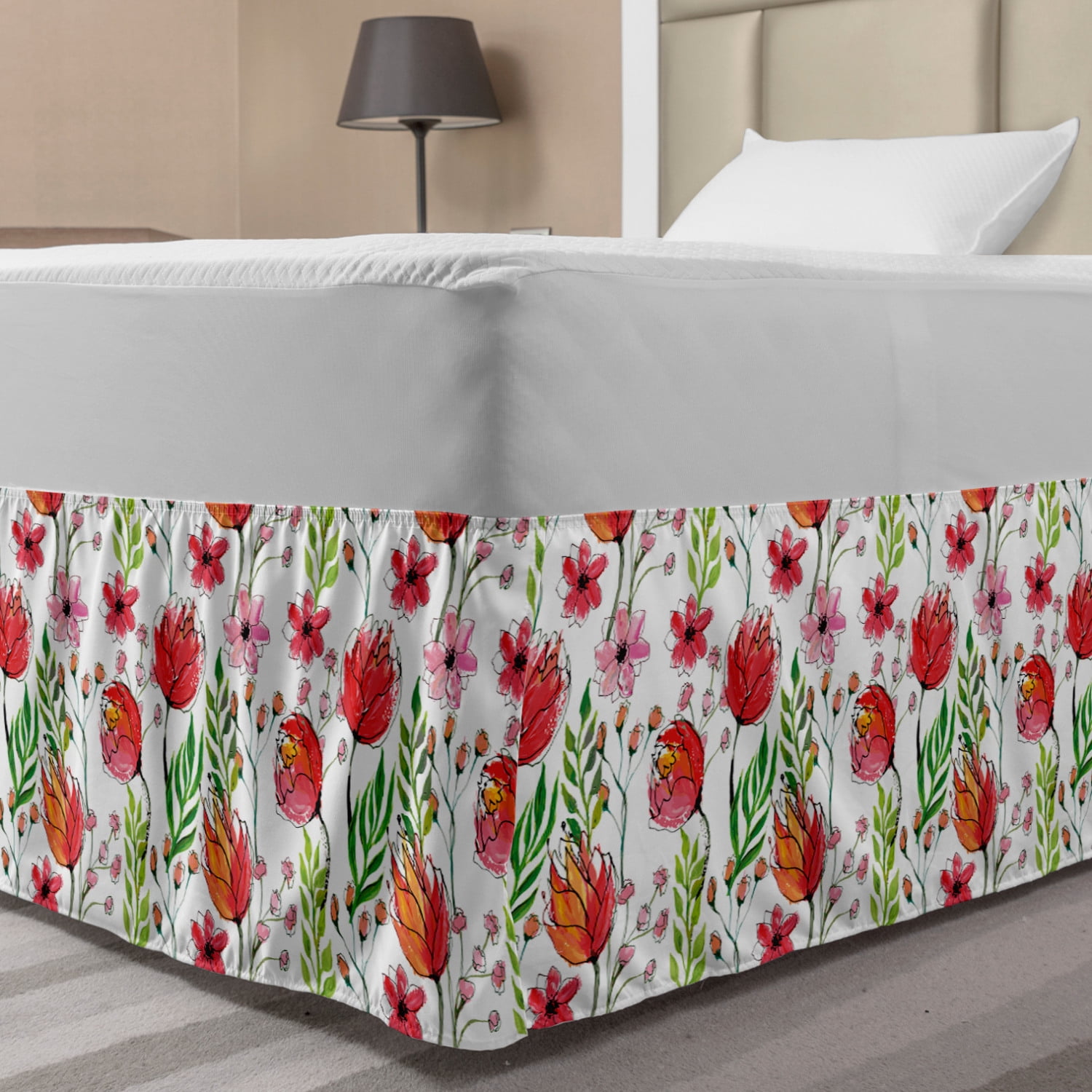 Floral Bed Skirt, Scribbles of Flowers and Leaves in Watercolor Effect
