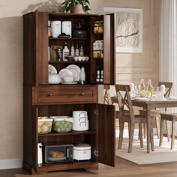 71In Tall Kitchen Pantry Cabinet with 4 Doors 7 Shelves and Drawer Storage Cabinet Walnut