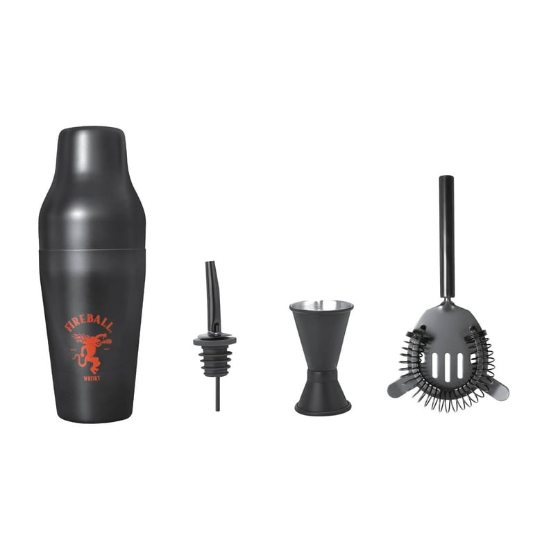 Fireball 4 Piece Shaker Set – Includes a Pourer, a Hawthorne, a Shaker and  a Jigger, Drink Shaker for Bartending and Home Bar Essential Bar Tools