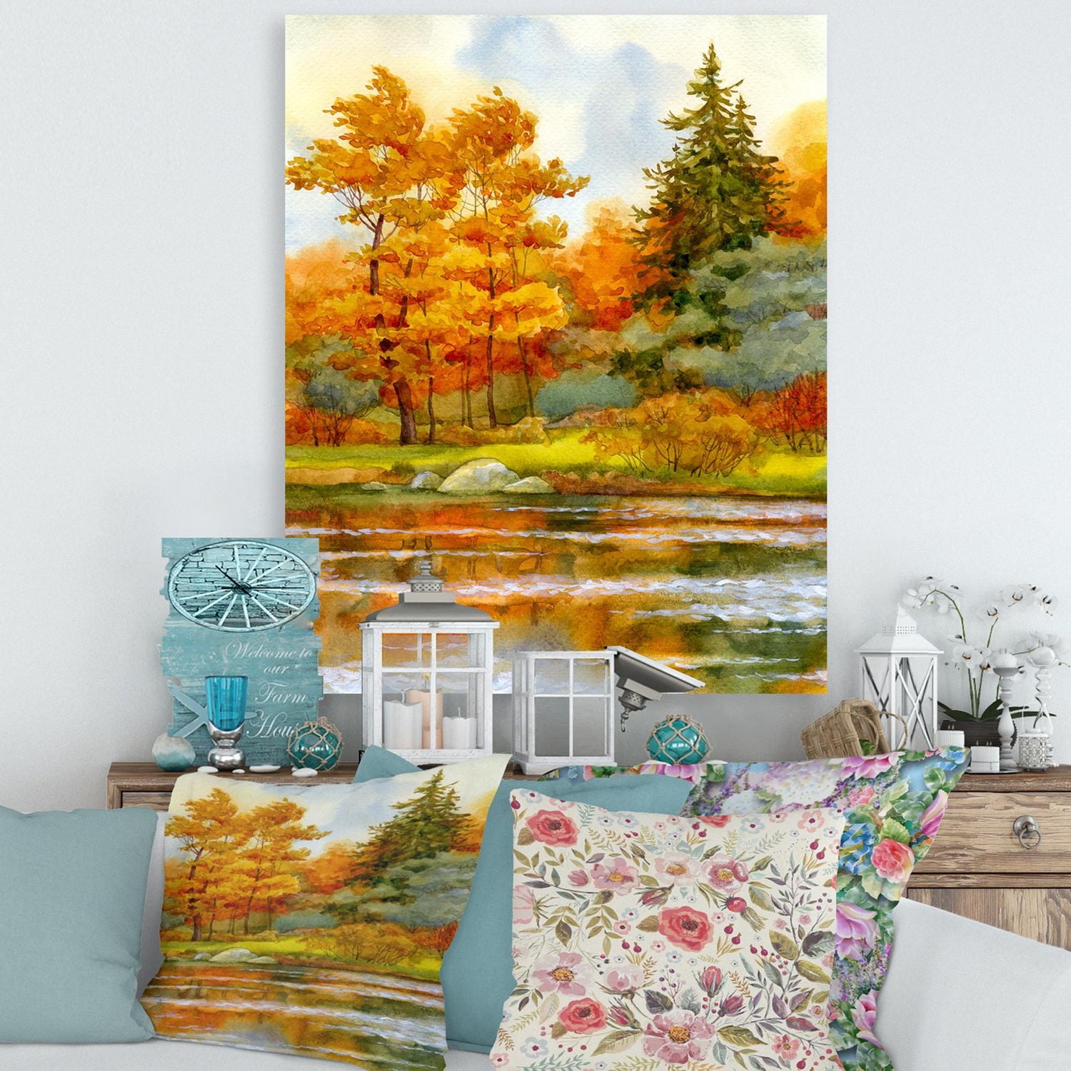 Designart Forêt automnale au bord du lac III Art mural sur toile