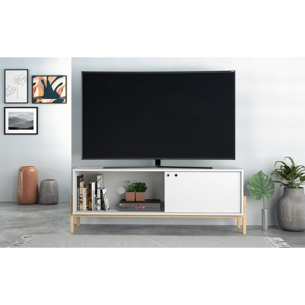 Manhattan Comfort Bowery 55.12 TV Stand with 2 Shelves in White and Oak