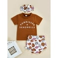 thumbnail image 4 of Bagilaanoe Baby Girls Summer Outfits Letter Print Short Sleeve T-shirt Tops and Shell Print Casual Shorts Headband 3pcs Set, 4 of 9