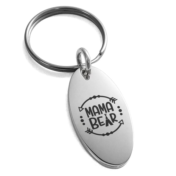 Stainless Steel Mama Bear Small Oval Charm Keychain Keyring