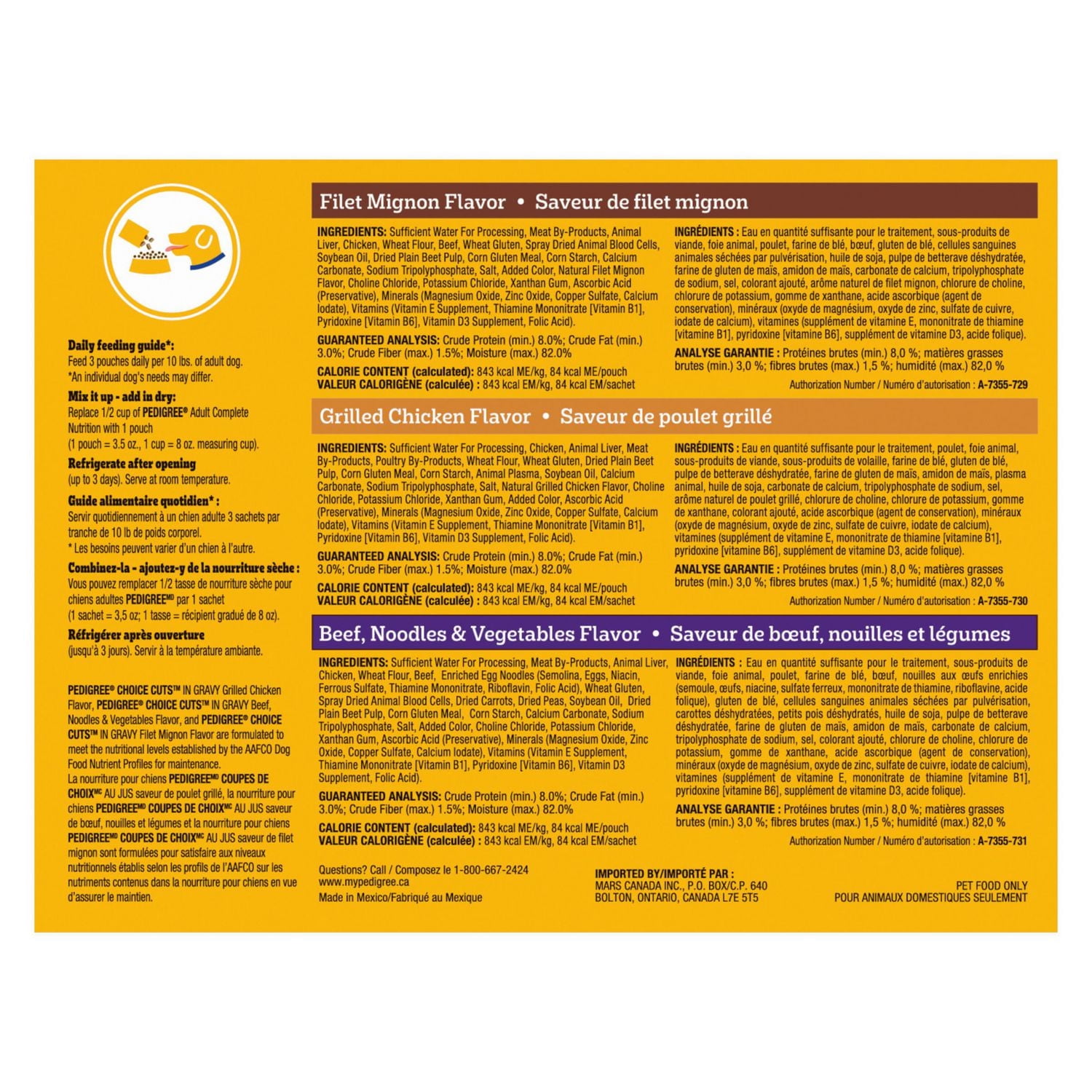 Nourriture humide pour chiens adultes PEDIGREE COUPES DE CHOIX AU JUS saveur de filet mignon, saveur de bœuf, nouilles et légumes et saveur de poulet grillé en format variété 18 x 100 g