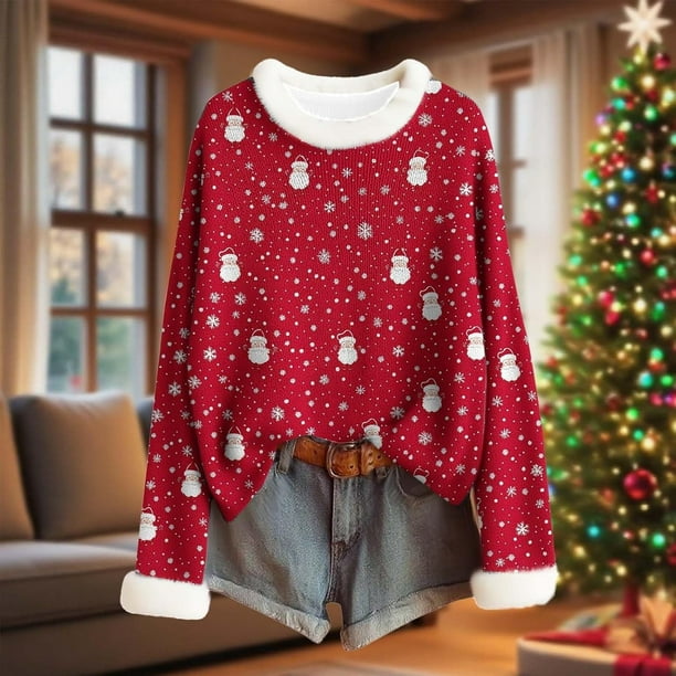 MHFRRA Camiseta de Manga Larga con Cuello, Estampado Festivo, Blusa Informal Suave y Acogedora con Cuello Redondo para Atuendos de Fiesta de Temporada. Rojo