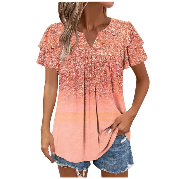 Camisas de Cuello de Tripulación de Manga Corta para las Mujeres Plisado Mangas de Ruffle, Cuello Redondo Casual Primavera Y Blusa de Verano
