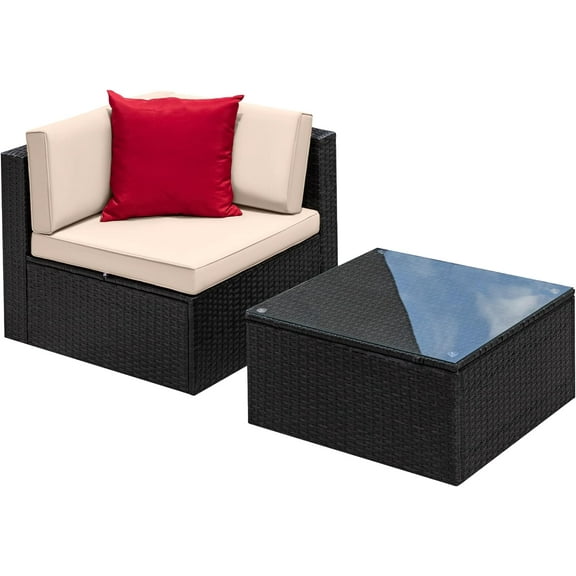 QISHENSHUI 2 Piece Patio Furniture Set, All Weather PE Rattan Outdoor Sofa Set Single Sofa with Table for Garden Lawn Poolside (2 Piece, Beige)