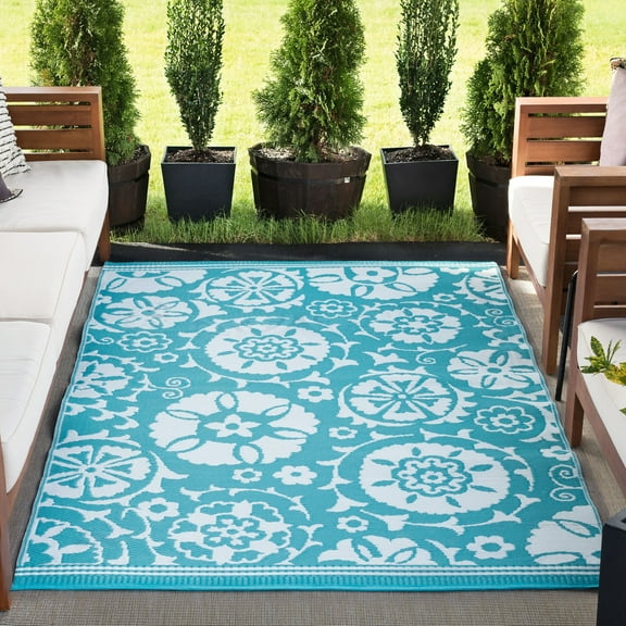5x7 Waterproof, Reversible Plastic Straw Outdoor Rugs for Patios | Also for Camping, RV, Deck, Porch, Balcony, Camp, Patio | Aqua, Floral | Size: 5' x 6'11''