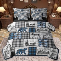 Homewish Bear Wolf Silhouette 7 Pieces Bedding Comforter Set,Woodland Animal Deer Full Bedding Set,Gray Blue Fitted Sheet Flat Sheet For Teens,Super Cozy Room Decor Reversible