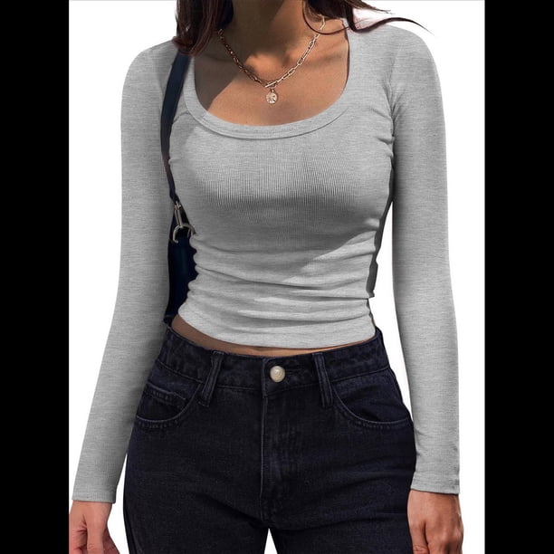 Camisas de Larga con Cuello Redondo para Mujer, Blusas Informales de Punto Acanalado de Corte Ajustado, Camisetas Básicas de Trabajo para Verano y Otoño. Gris M
