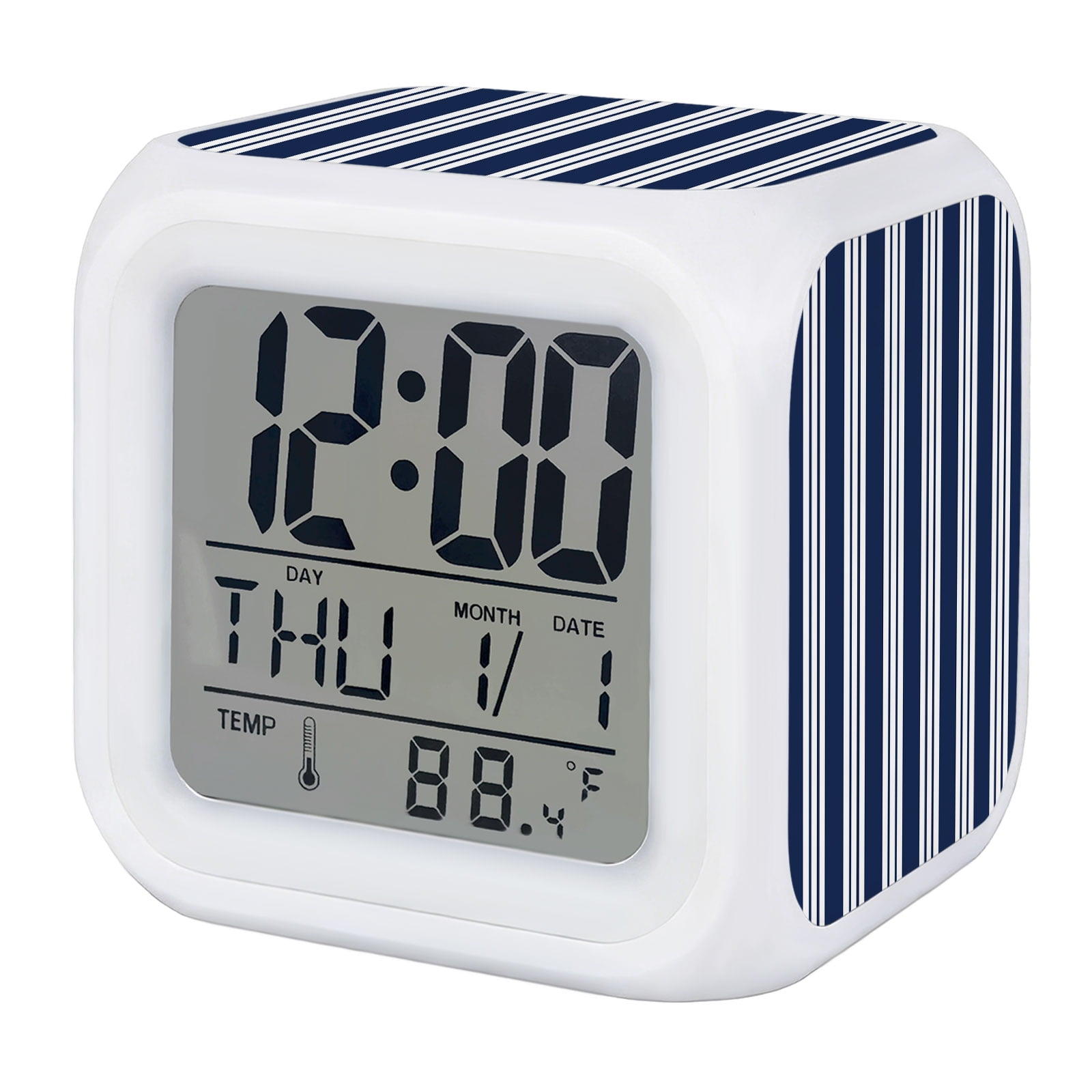 Navy Blue Striped Alarm Clock, Modern Classic Stripes Rustic Country Farmhouse Digital Clock Night Light with 7 Color, Calendar Temperature Display, LED Desk Small Clock for Bedrooms Living Room