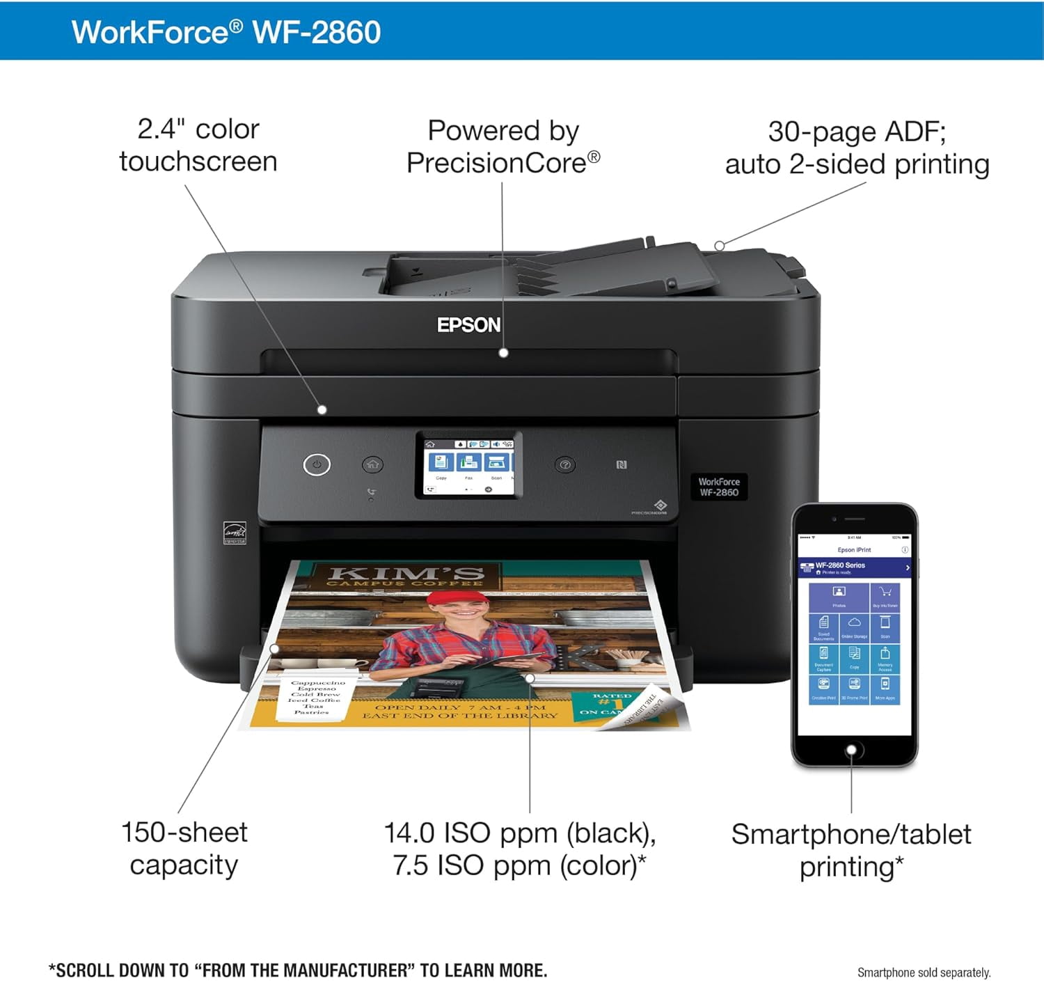 Epson WorkForce WF-2860 Wireless All-in-One Color Inkjet Printer (Sold without manufacturer warranty)