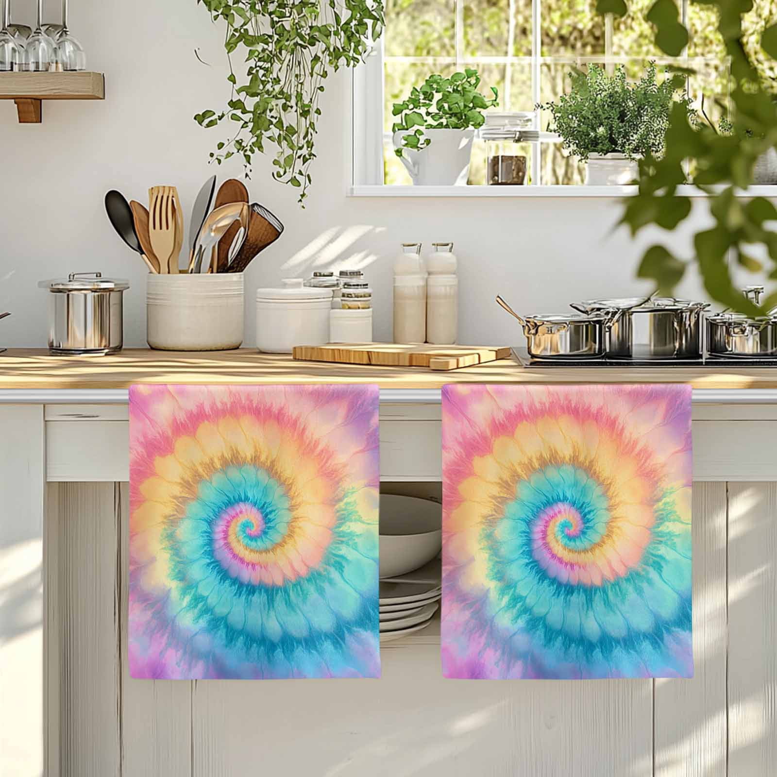Colorful Tie Dye Kitchen Towels Set of 2, Rainbow Ombre Abstract Pattern Art Soft Microfiber Dish Towels, Absorbent Quick-Dry Washable Dishcloths for Kitchen Cleaning, Drying Dishes, 18x28 Inches