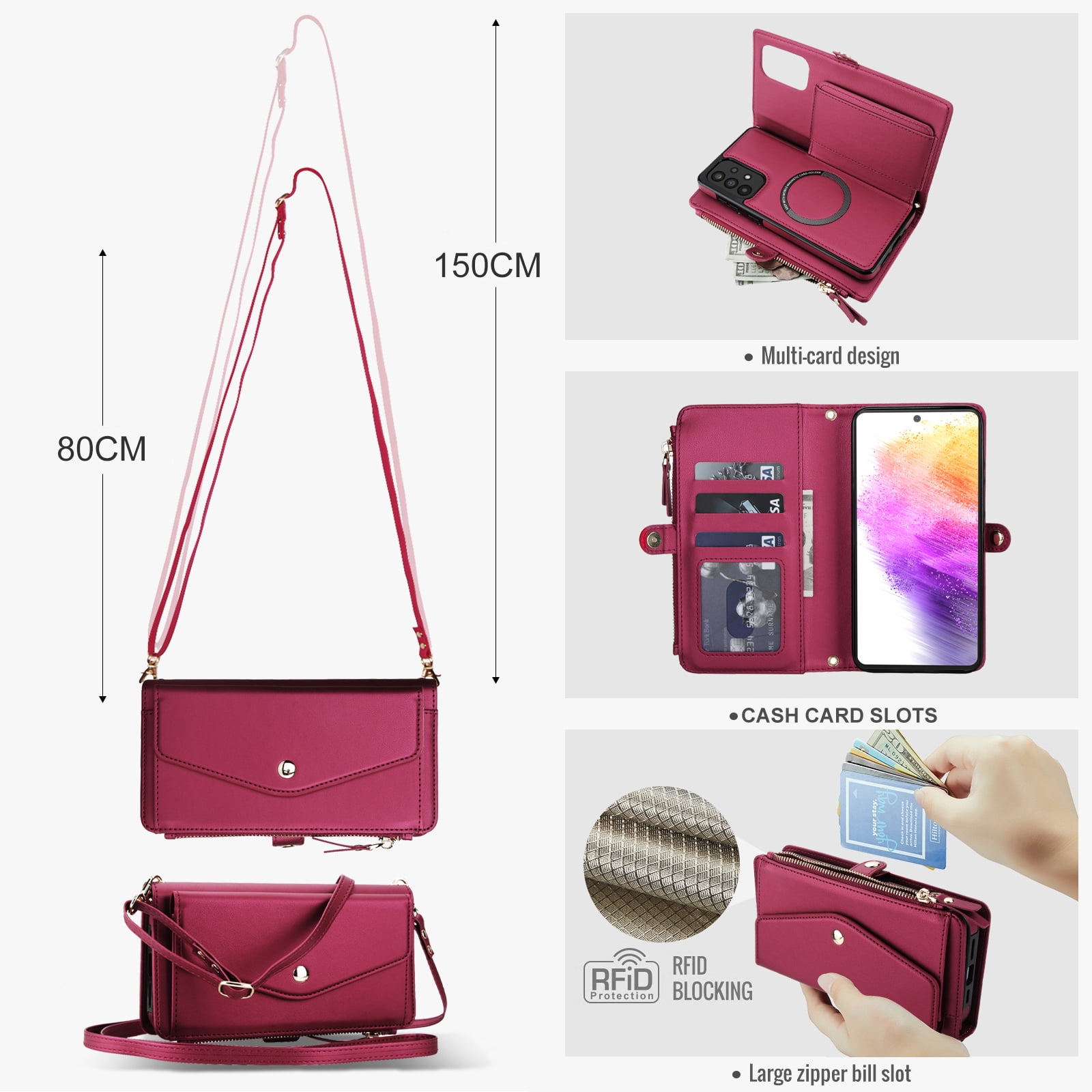 For Samsung Galaxy A54 5G Crossbody Wallet Phone Case,Magnetic Detachable Flip,With Shoulder Strap&Wrist Strap,Zipper Pocket,Card&Cash Slots,PU Leather Shockproof Rugged Phone Case,Red