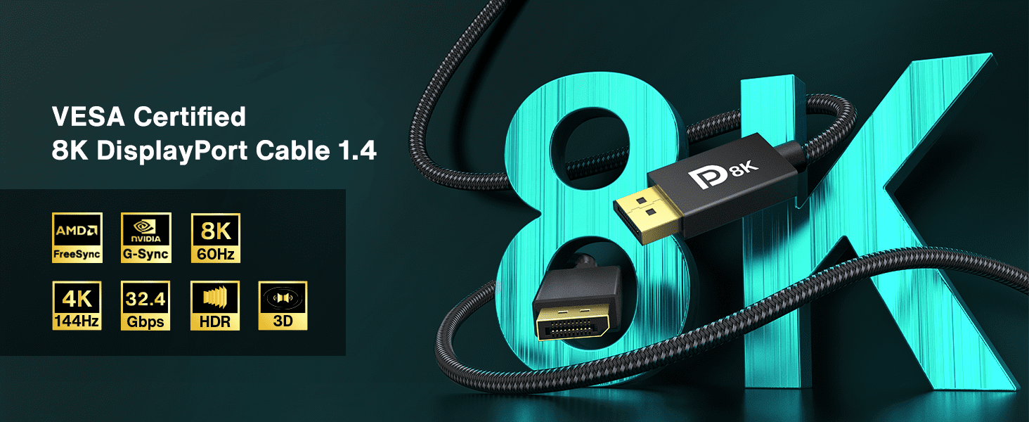 AUBEAMTO VESA Certified DisplayPort Cable 1.4, 8K DP Cable 16ft (8K@60Hz, 4K@144Hz, 2K@240Hz)HBR3 Support 32.4Gbps, HDR, HDCP 2.2, FreeSync G-Sync, Braided Display Port for Gaming Monitor, Graphics