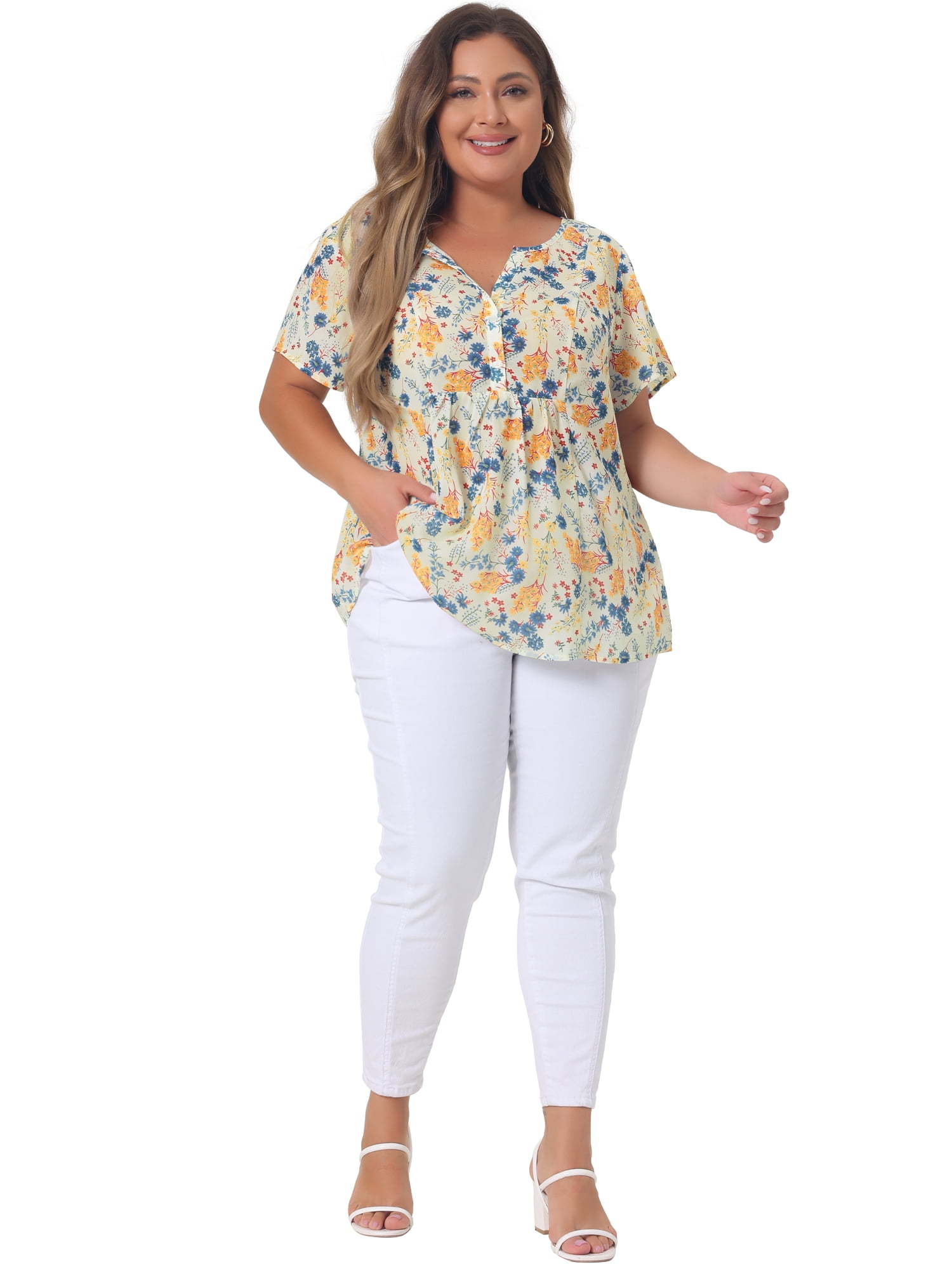 Unique Bargains Women's Plus Size Floral Half Placket Short Sleeve Blouses 3X Beige