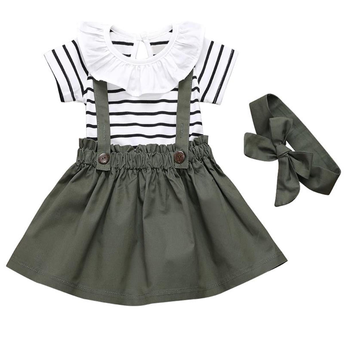 Suspender Skirt Set Toddler Girls 3pcs Black White Stripes Floral Ruffle Tops Jumpsuit