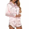 thumbnail image 5 of VONCOS Womens Silk Satin Pajamas Set- Two-Piece Nightwear Solid Color Short Sleeve and Shorts Loungewear Button Down Pockets Lapel Casual Sleepwear Pink Size M, 5 of 7