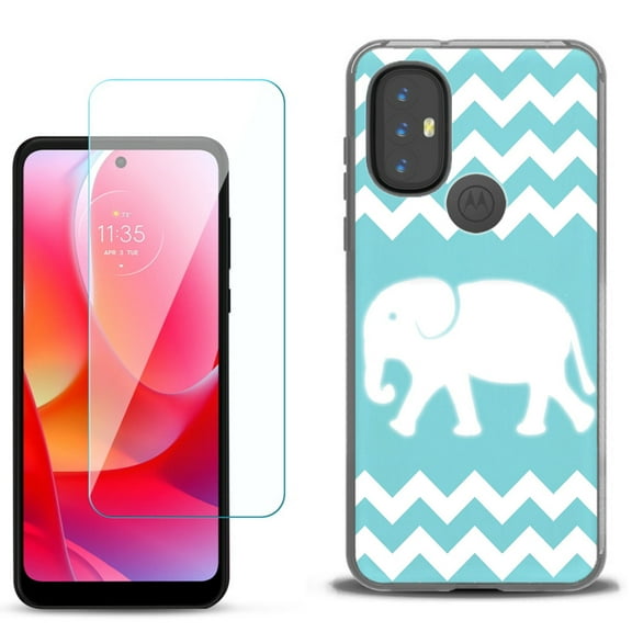 Slim-Fit Gel TPU Phone Case for Motorola Moto G Power 2022, with Tempered Glass Screen Protector, by OneToughShield ® - Chevron/Elephant